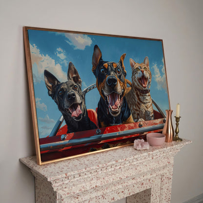 Dogs and Cat on a Roller Coaster Canvas Print in rose gold floating frame