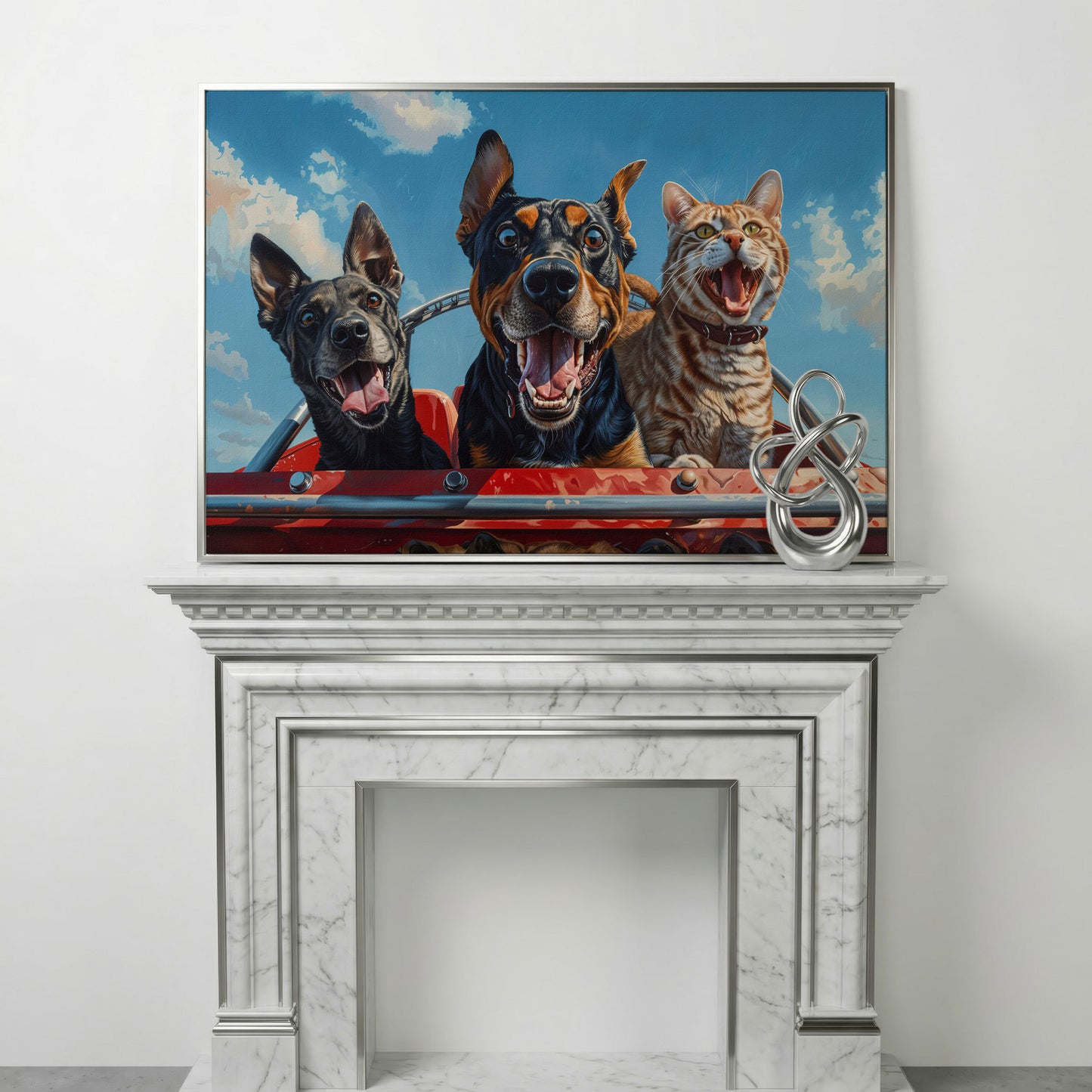 Dogs and Cat on a Roller Coaster Canvas Print in silver floating frame