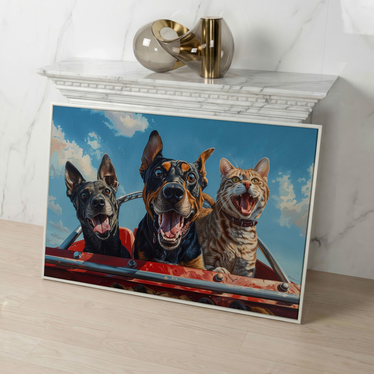 Dogs and Cat on a Roller Coaster Canvas Print in white floating frame