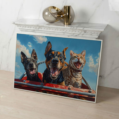 Dogs and Cat on a Roller Coaster Canvas Print in white floating frame