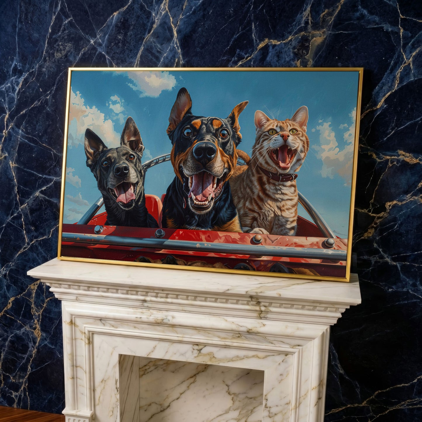 Dogs and Cat on a Roller Coaster Canvas Print in yellow gold floating frame