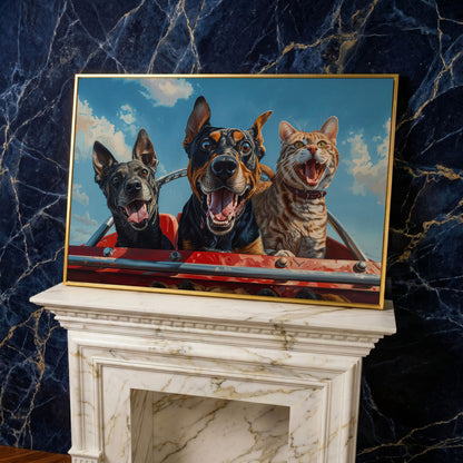 Dogs and Cat on a Roller Coaster Canvas Print in yellow gold floating frame