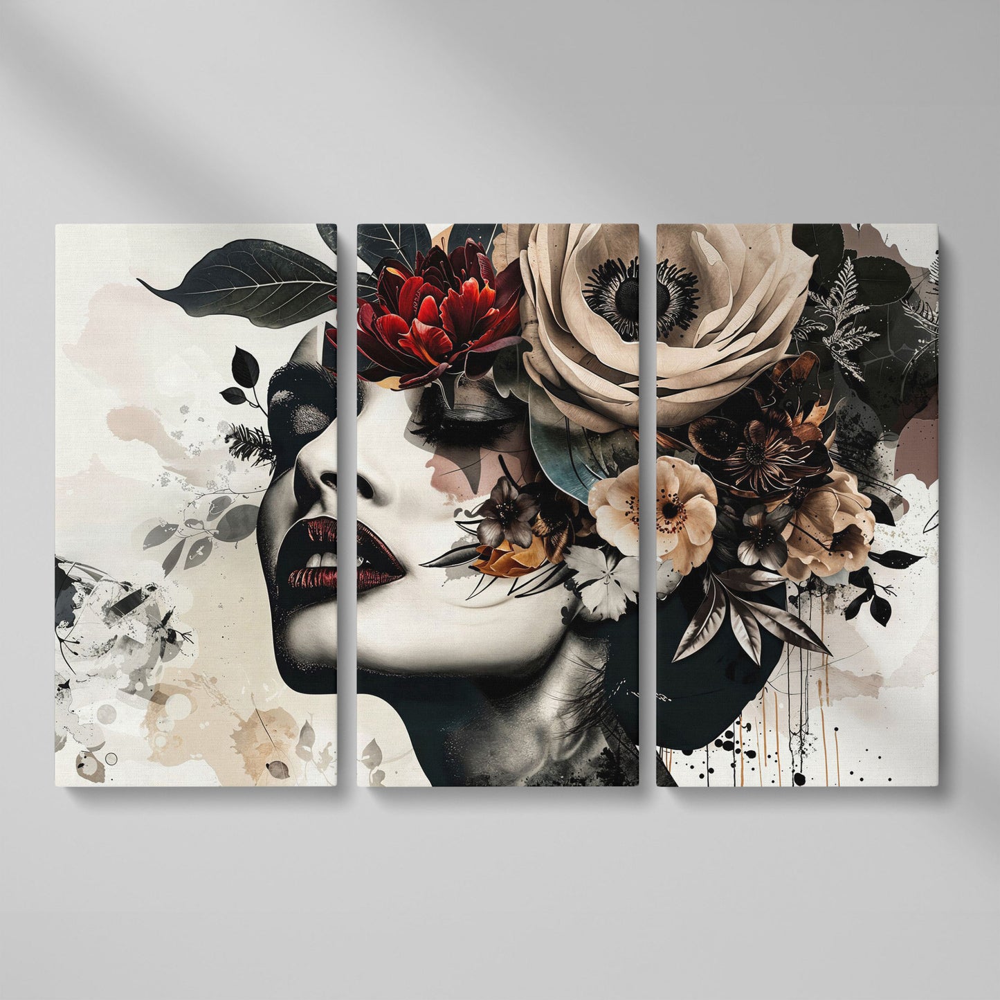 Floral Woman Profile Canvas Art as 3-panel split version