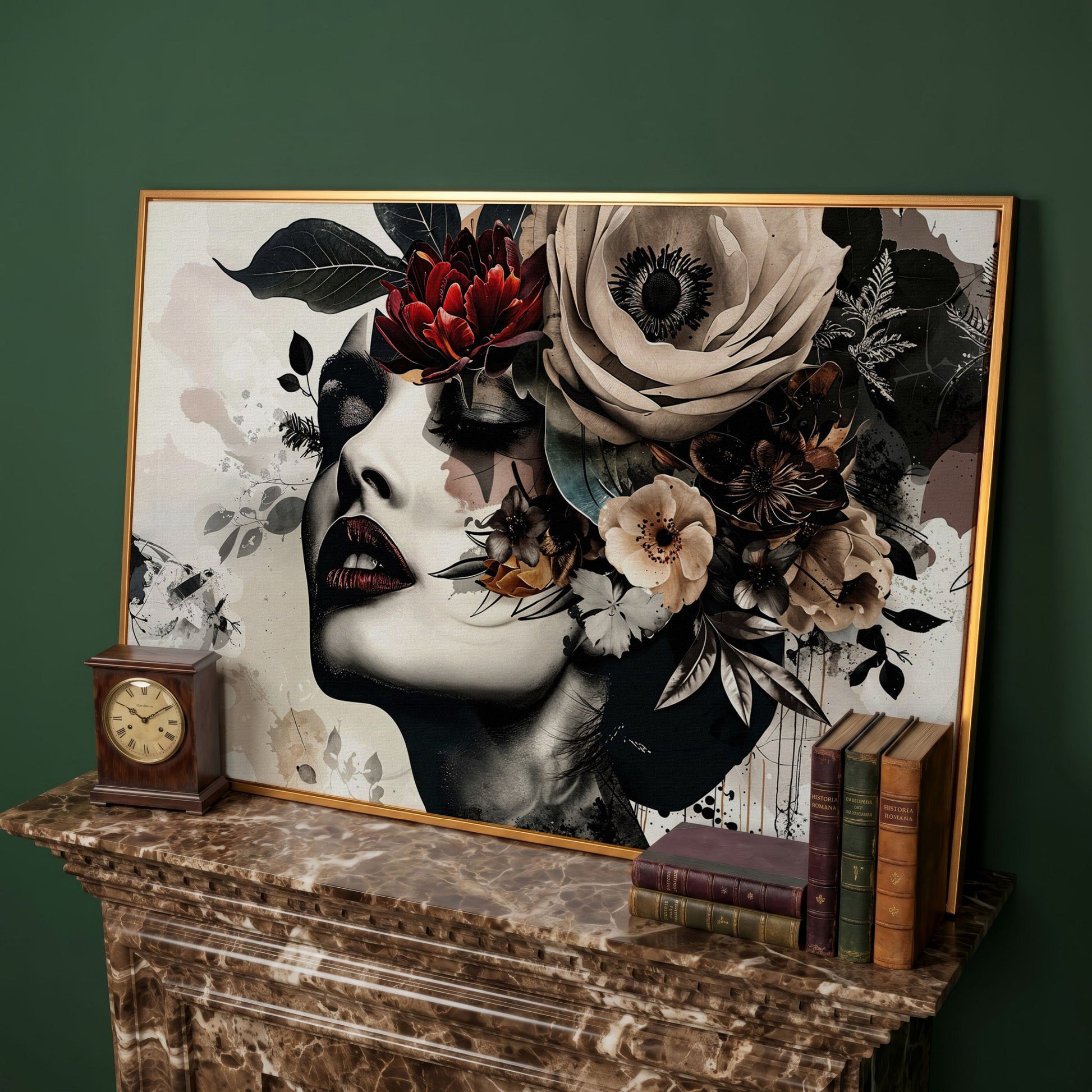 Floral Woman Profile Canvas Art in antique gold floating frame