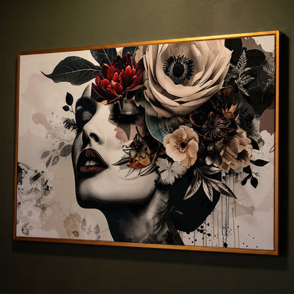 Floral Woman Profile Canvas Art shown in antique gold floating frame