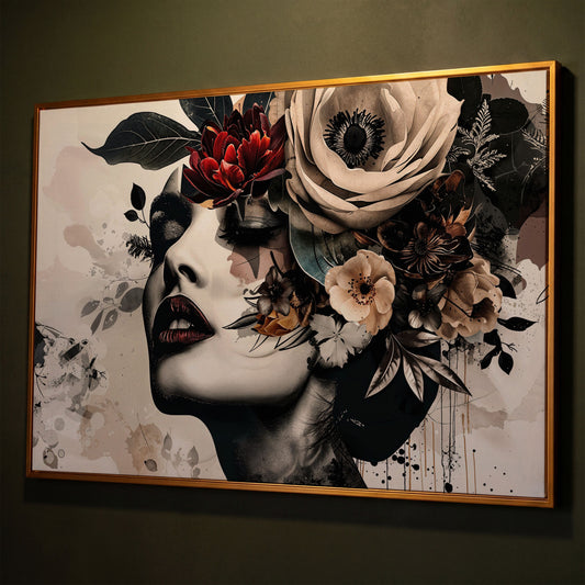 Floral Woman Profile Canvas Art shown in antique gold floating frame
