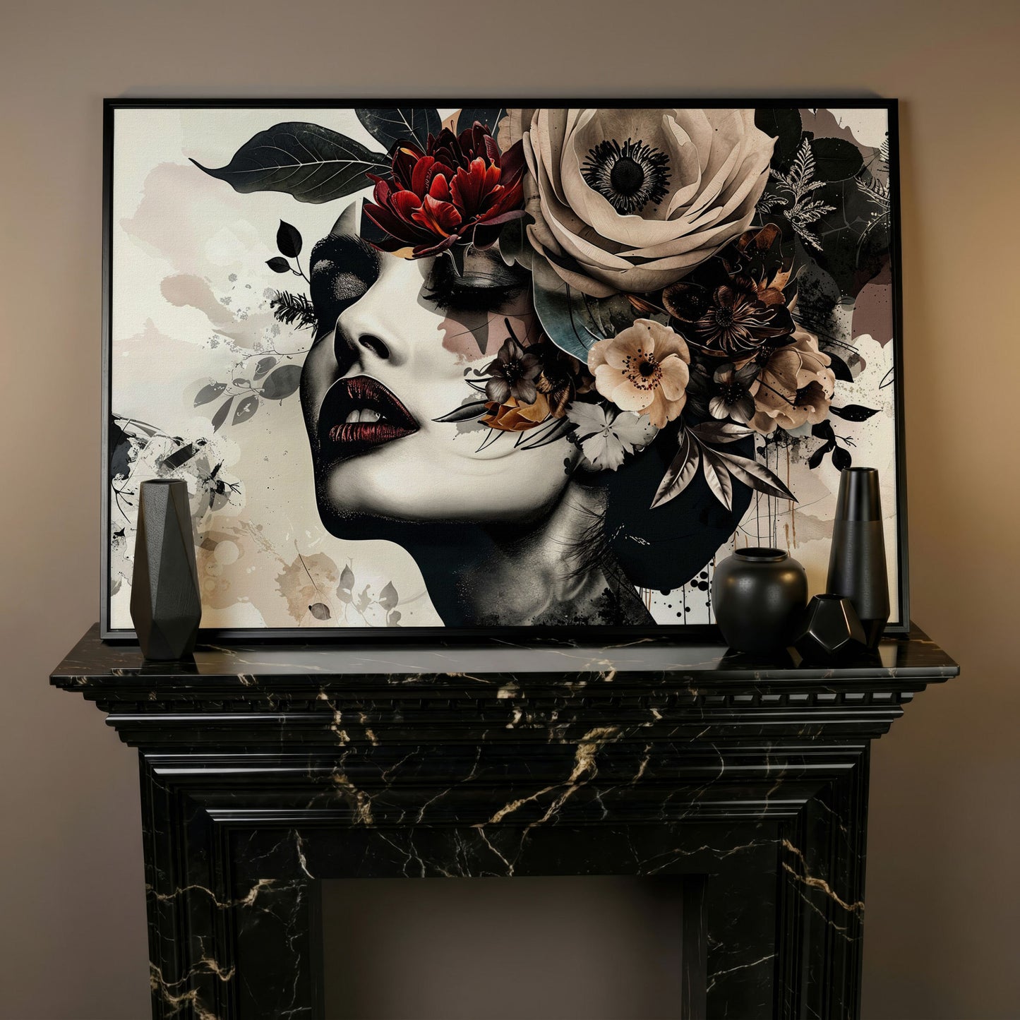 Floral Woman Profile Canvas Art in black floating frame