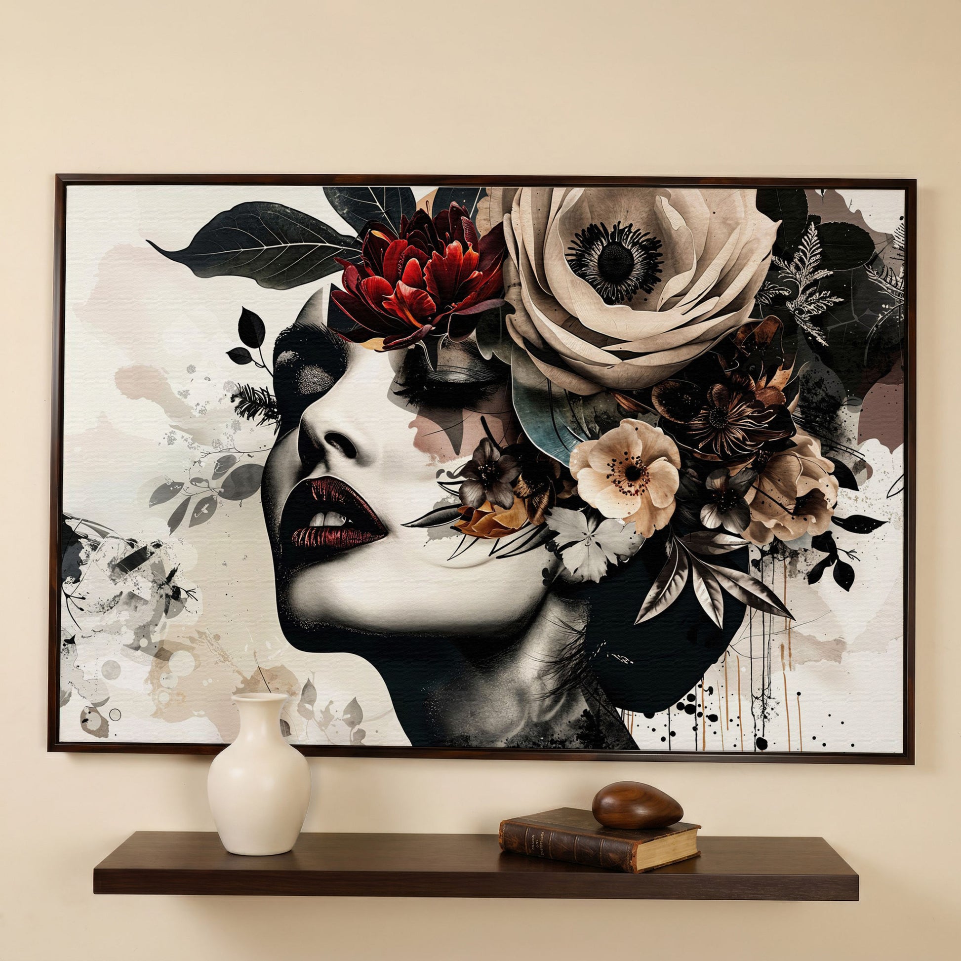 Floral Woman Profile Canvas Art in dark walnut floating frame