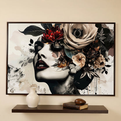 Floral Woman Profile Canvas Art in dark walnut floating frame