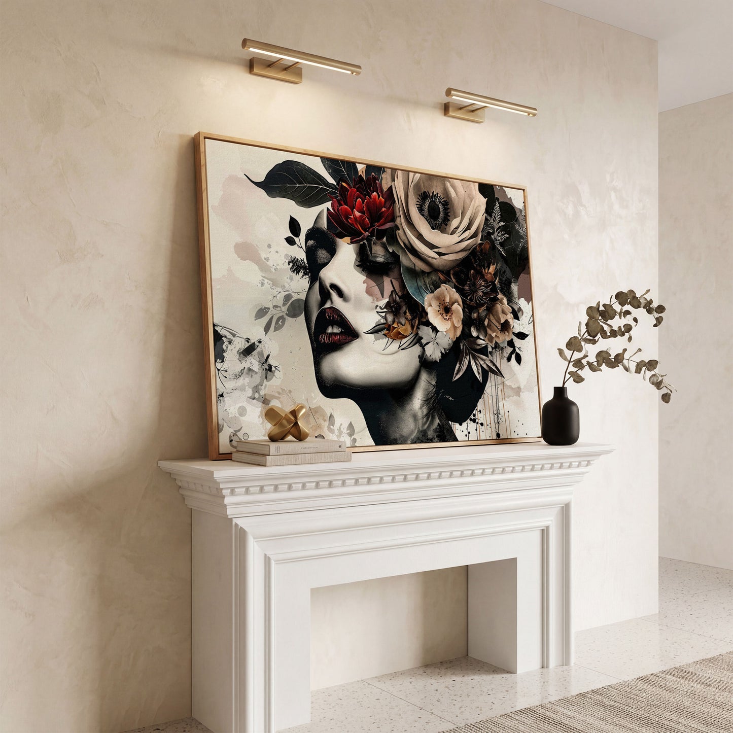 Floral Woman Profile Canvas Art in white oak floating frame