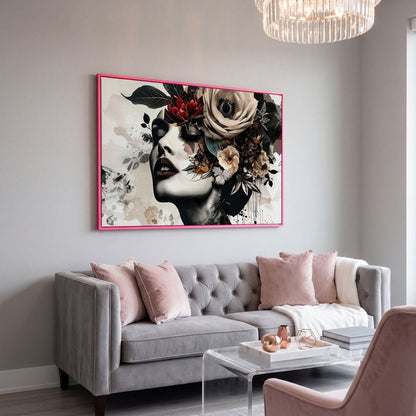 Floral Woman Profile Canvas Art in pink floating frame