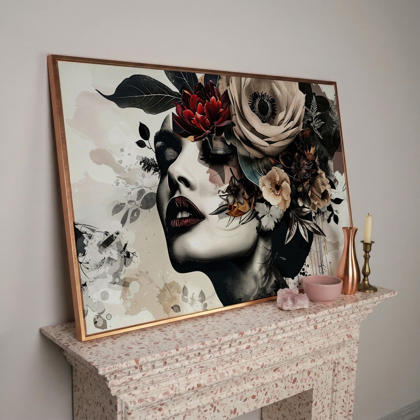 Floral Woman Profile Canvas Art in rose gold floating frame