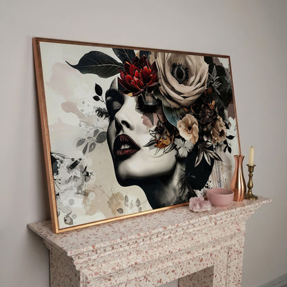 Floral Woman Profile Canvas Art in rose gold floating frame