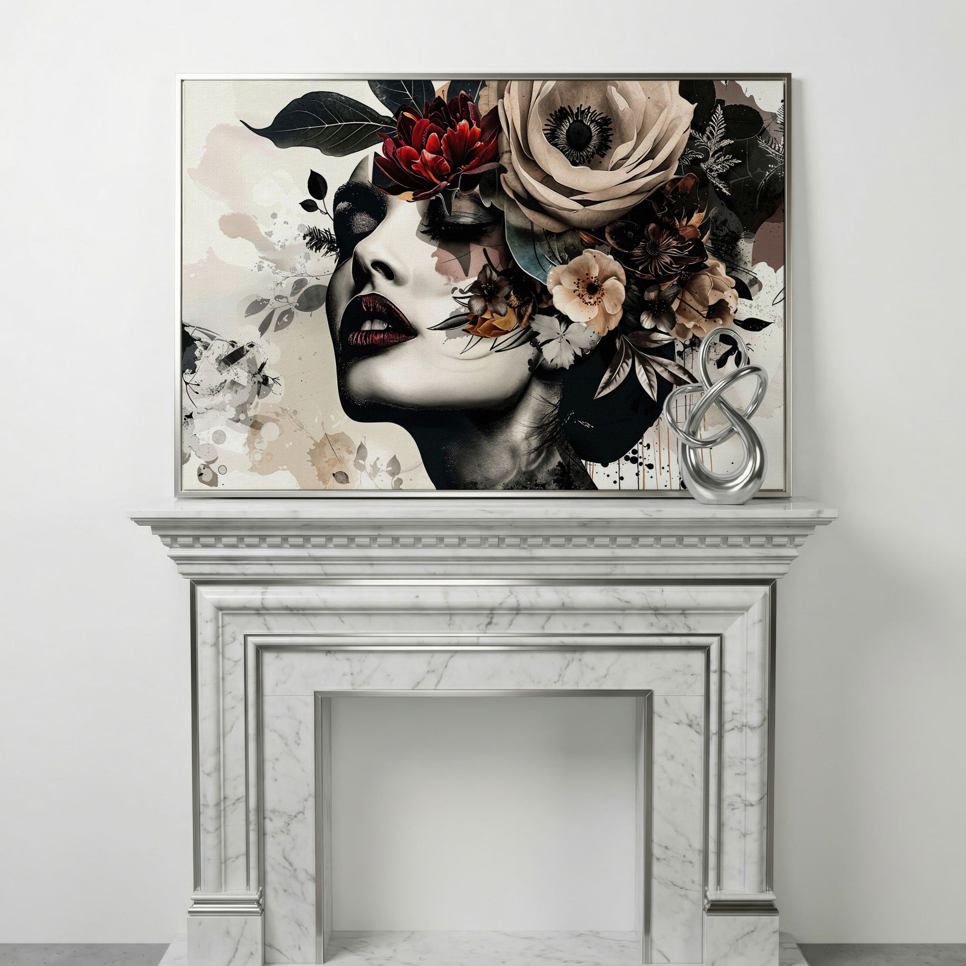 Floral Woman Profile Canvas Art in silver floating frame