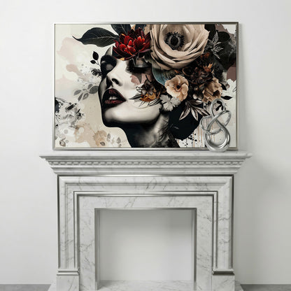 Floral Woman Profile Canvas Art in silver floating frame