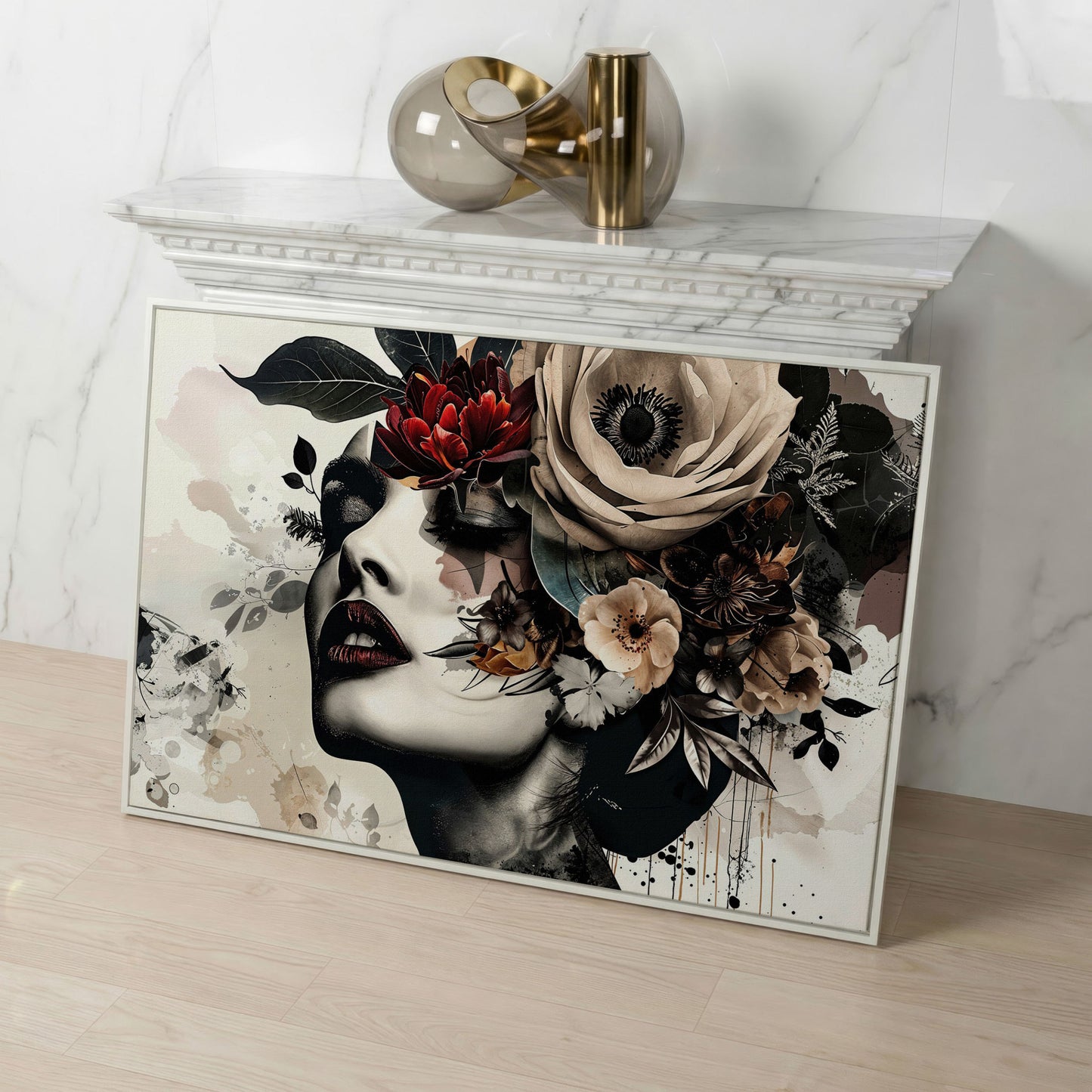 Floral Woman Profile Canvas Art in white floating frame