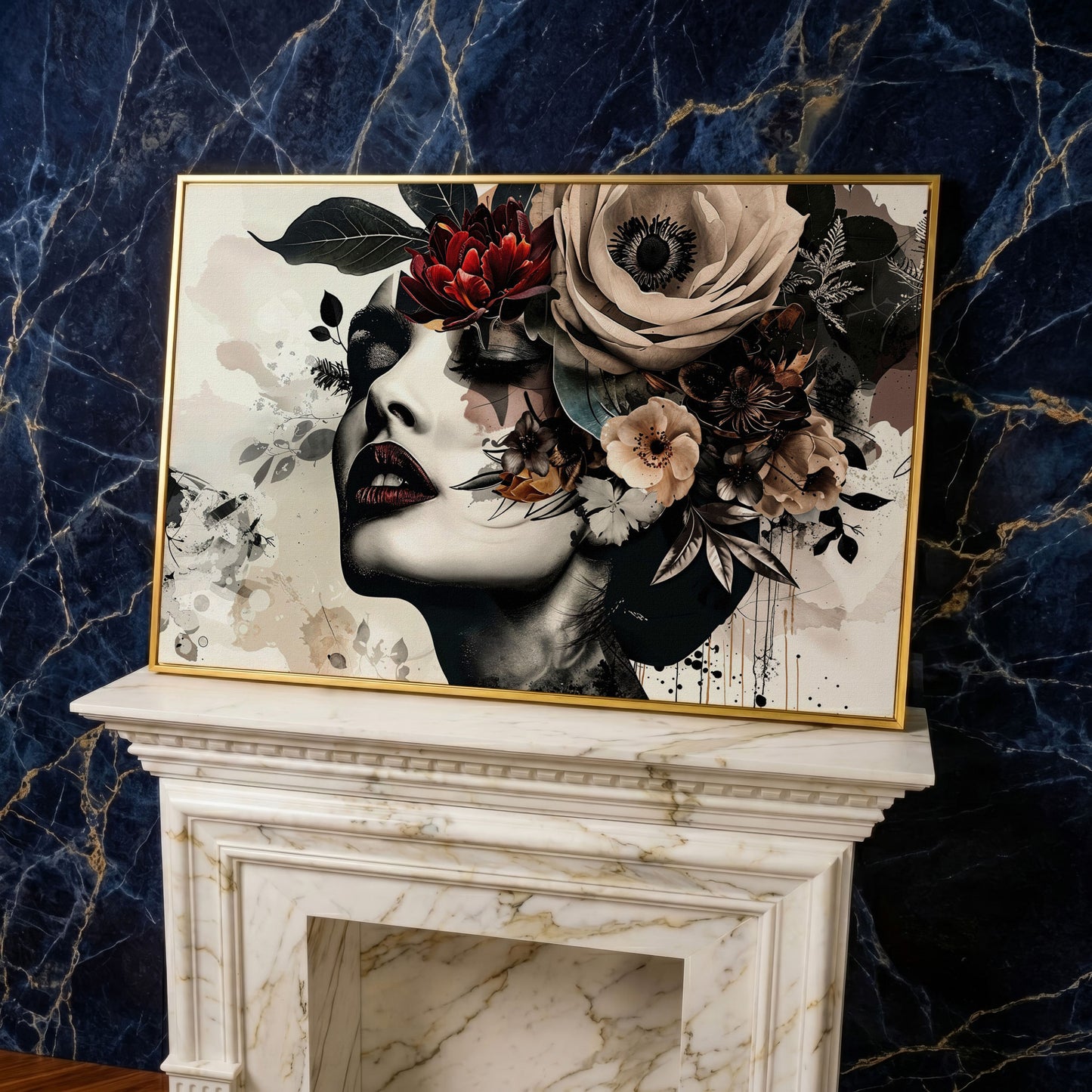 Floral Woman Profile Canvas Art in yellow gold floating frame