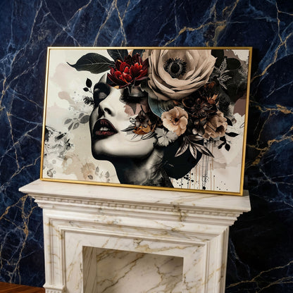 Floral Woman Profile Canvas Art in yellow gold floating frame