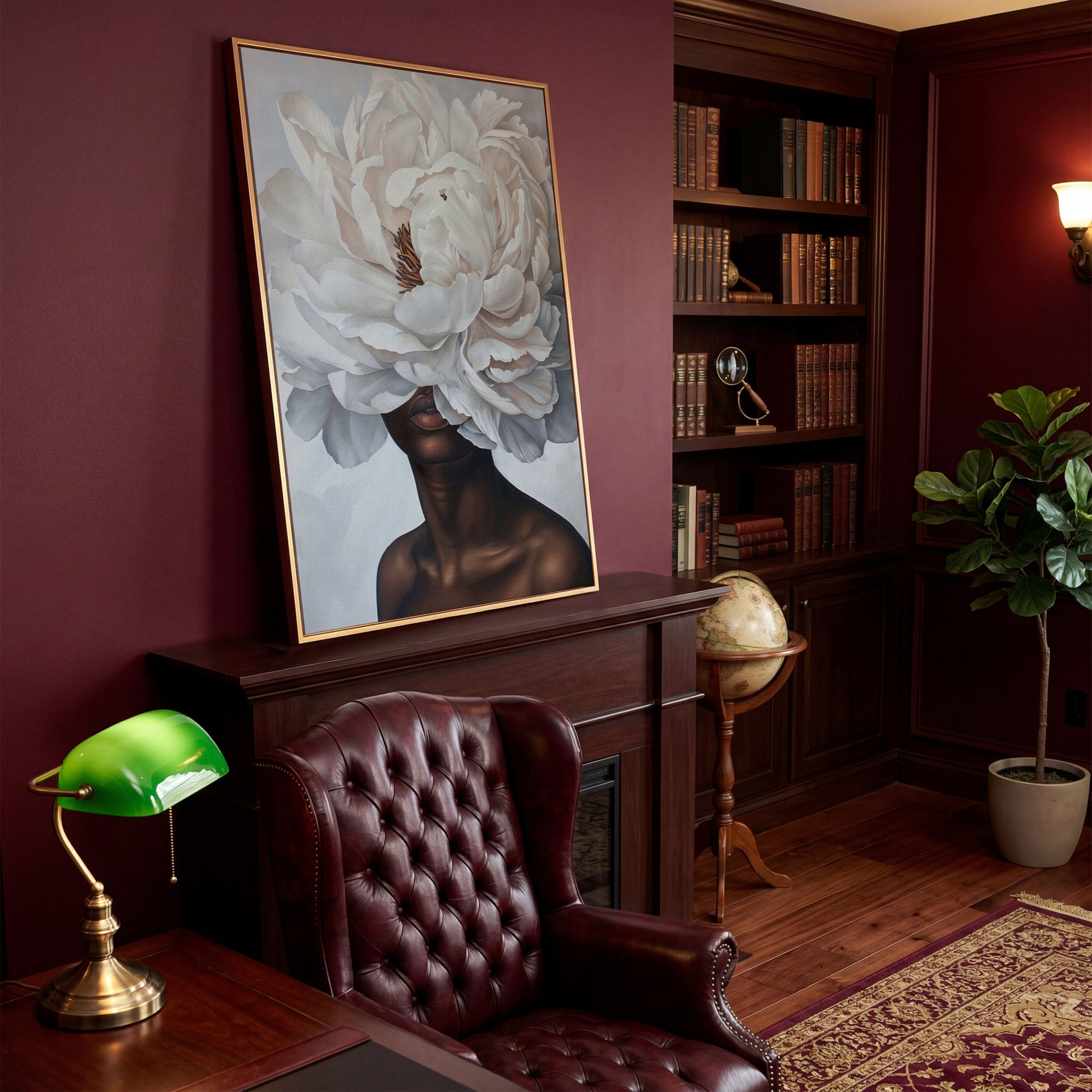 Black Woman with White Peony Canvas Print in antique gold floating frame