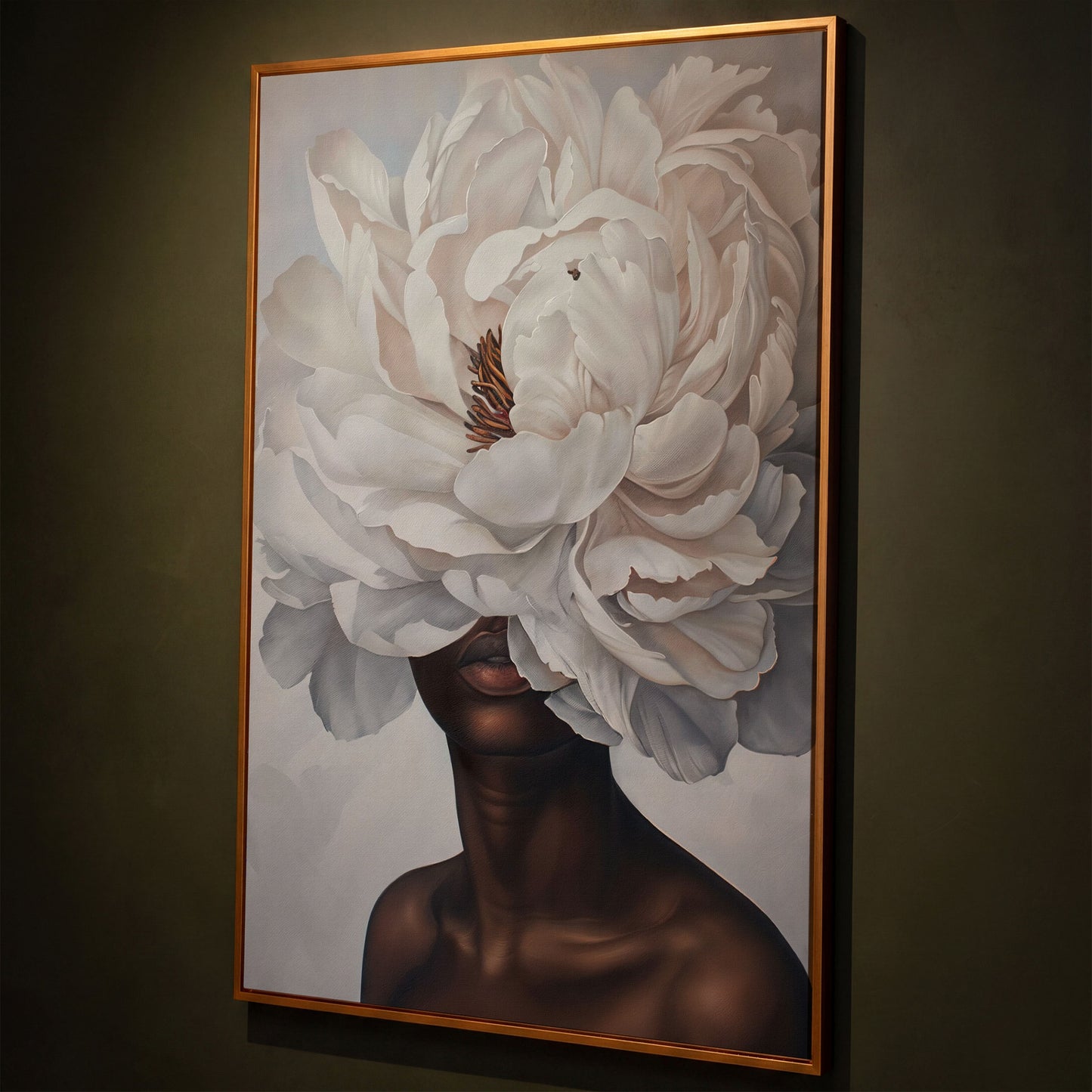 Black Woman with White Peony Canvas Print shown in antique gold floating frame