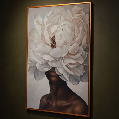 Black Woman with White Peony Canvas Print shown in antique gold floating frame