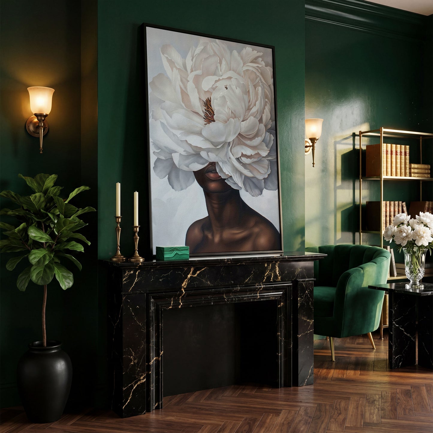 Black Woman with White Peony Canvas Print in black floating frame