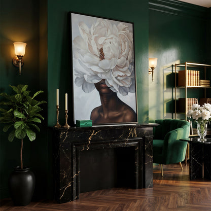 Black Woman with White Peony Canvas Print in black floating frame