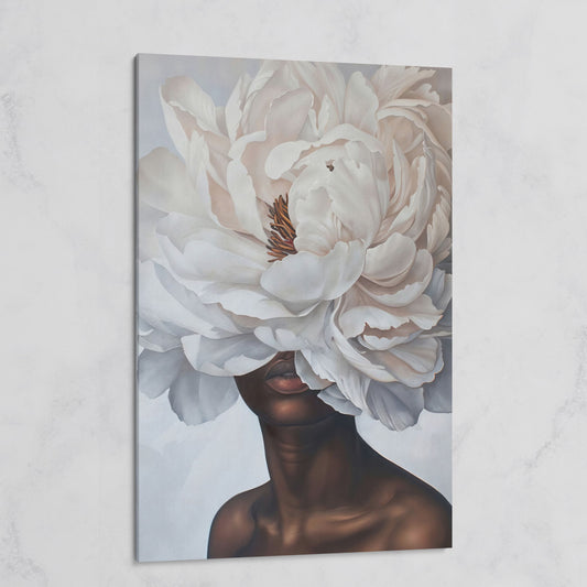 Black Woman with White Peony Canvas Print on gallery wrap