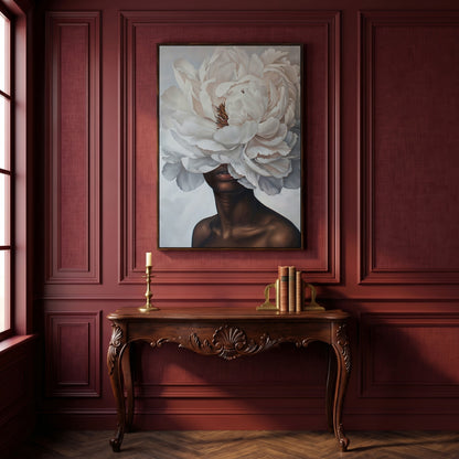 Black Woman with White Peony Canvas Print in dark walnut floating frame