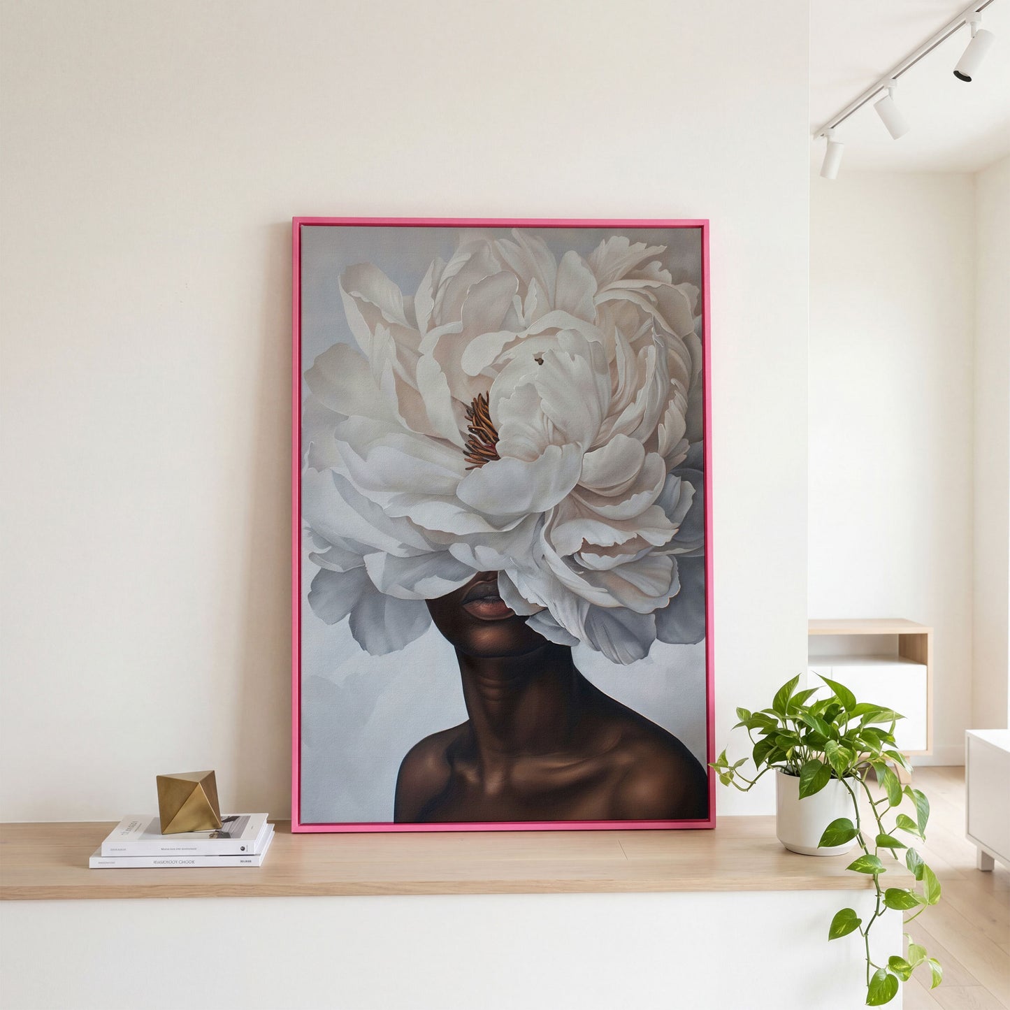 Black Woman with White Peony Canvas Print in pink floating frame