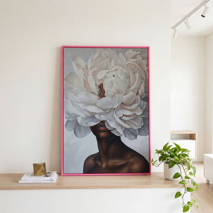 Black Woman with White Peony Canvas Print in pink floating frame