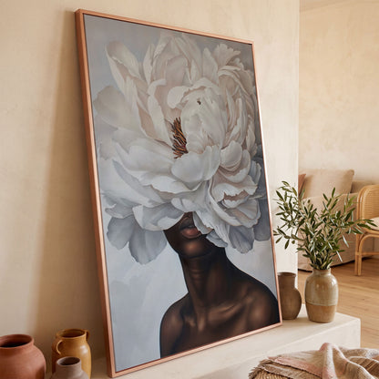 Black Woman with White Peony Canvas Print in rose gold floating frame