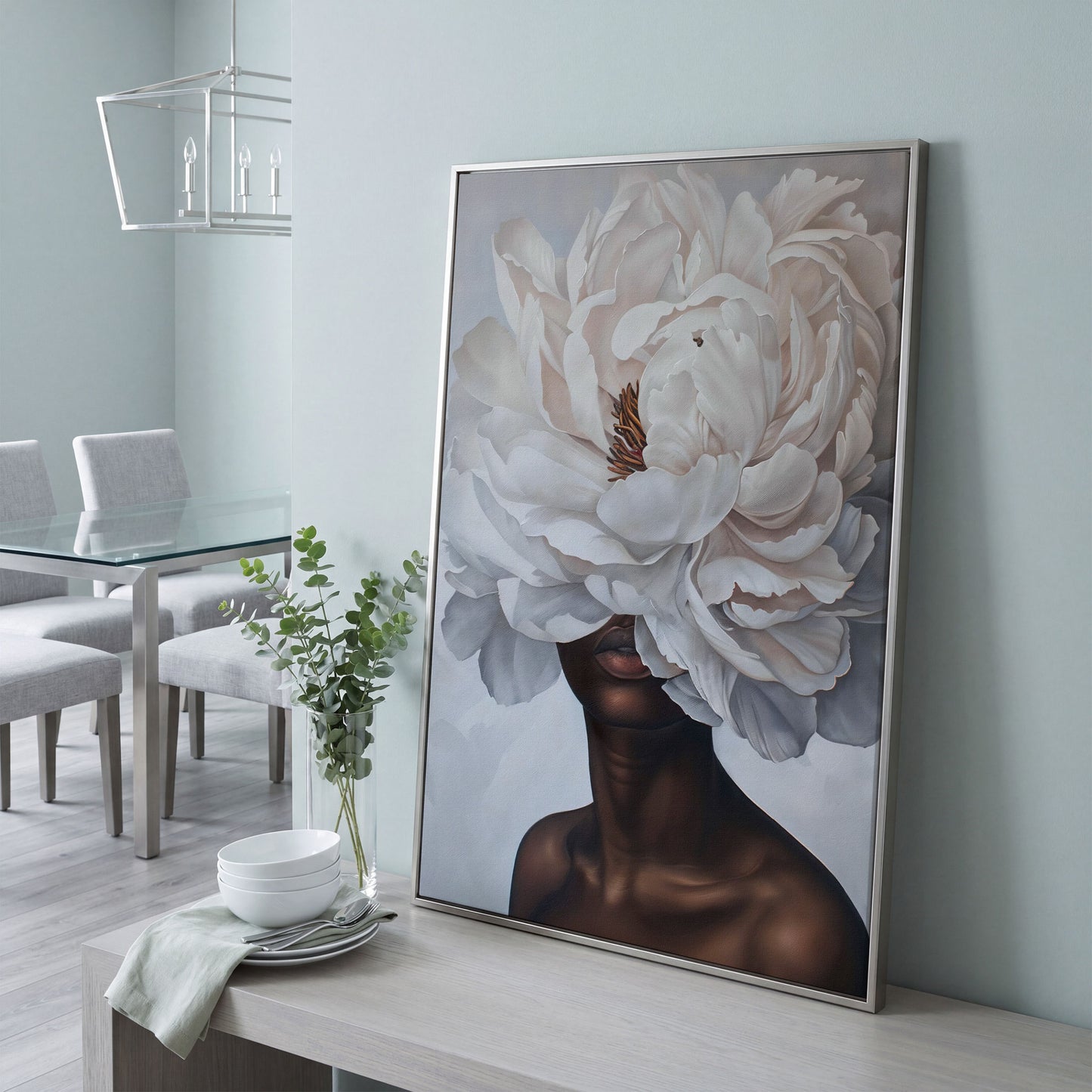 Black Woman with White Peony Canvas Print in silver floating frame