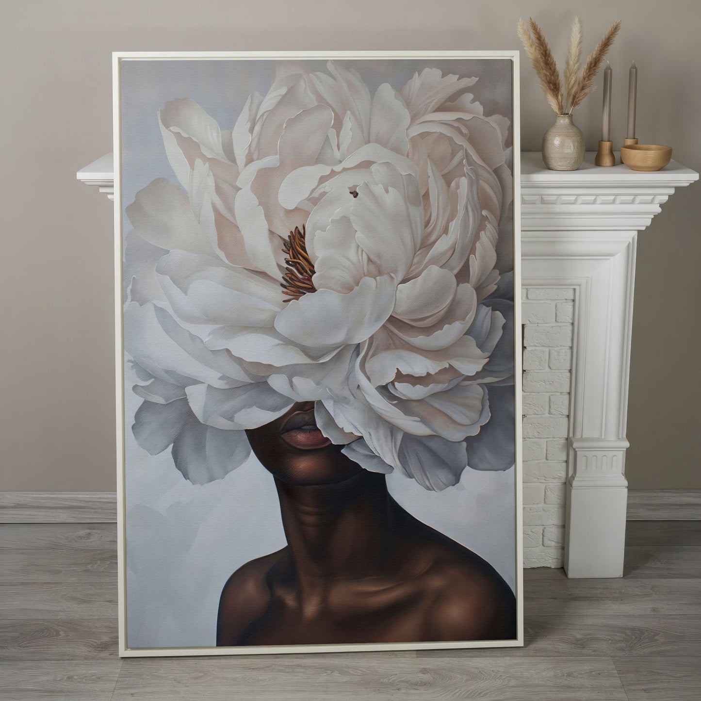 Black Woman with White Peony Canvas Print in white floating frame