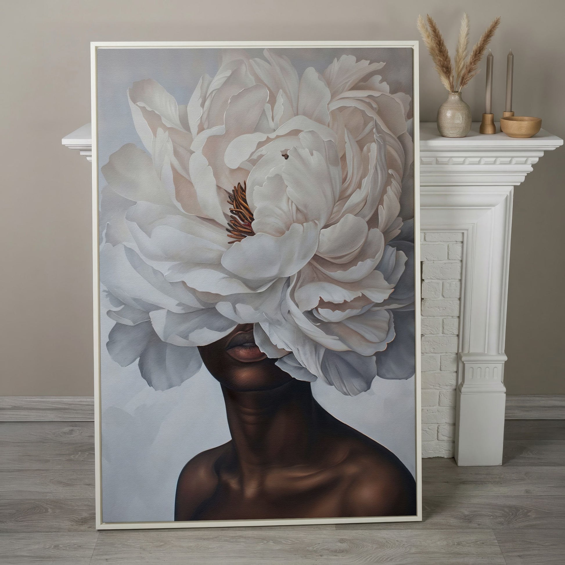 Black Woman with White Peony Canvas Print in white floating frame