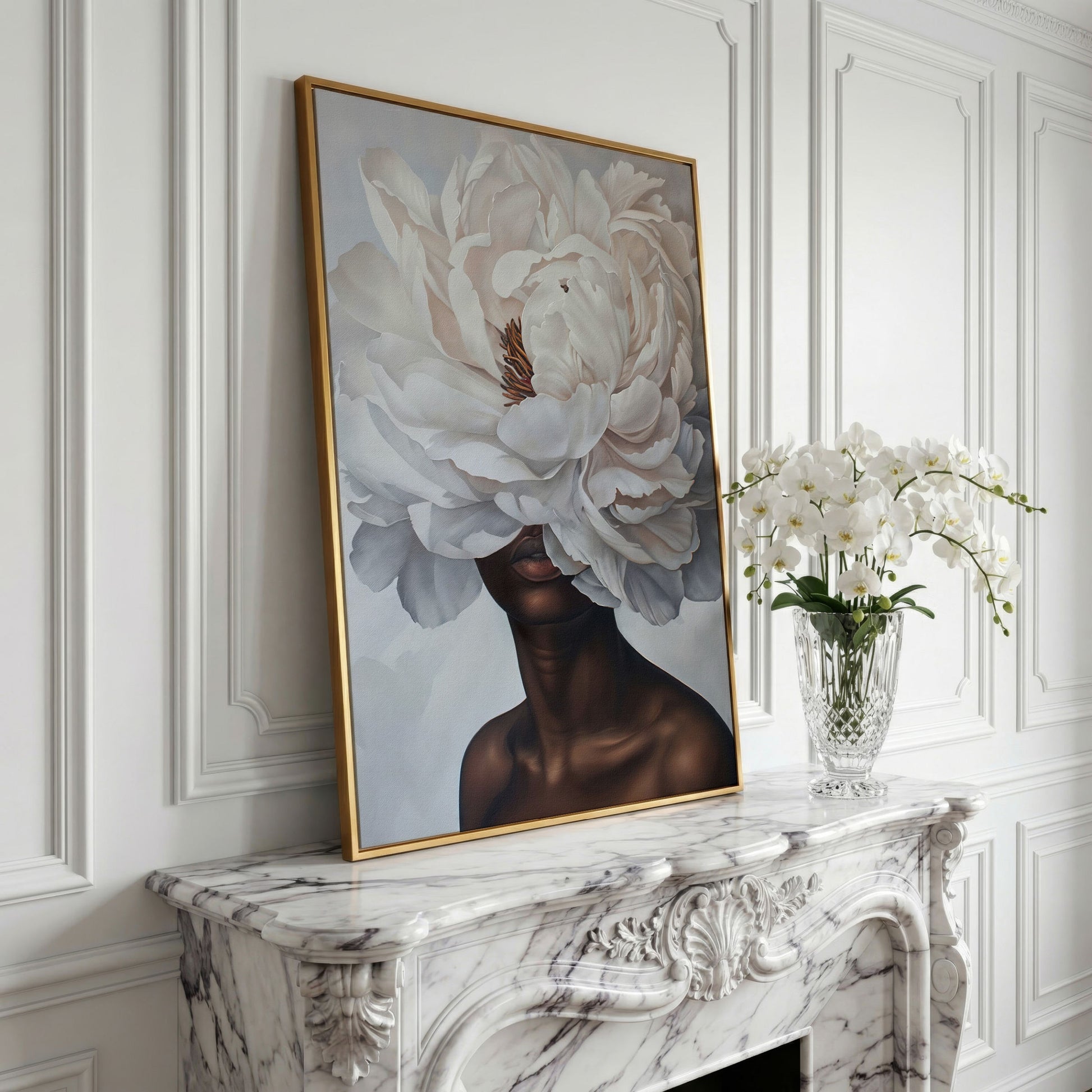 Black Woman with White Peony Canvas Print in yellow gold floating frame