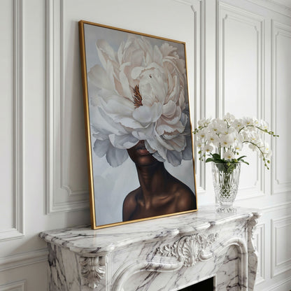 Black Woman with White Peony Canvas Print in yellow gold floating frame