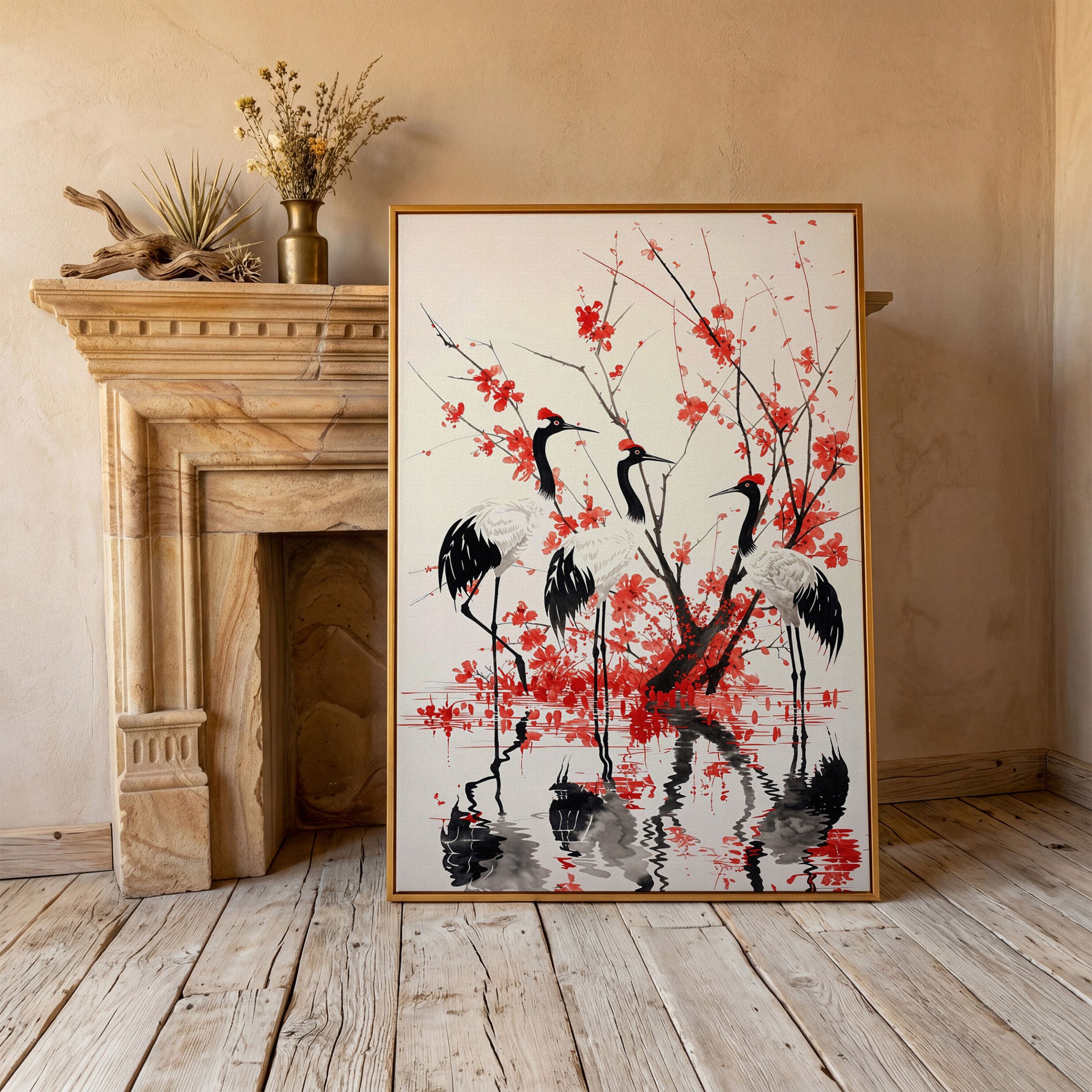Red-Crowned Cranes with Cherry Blossoms Canvas Print in antique gold floating frame