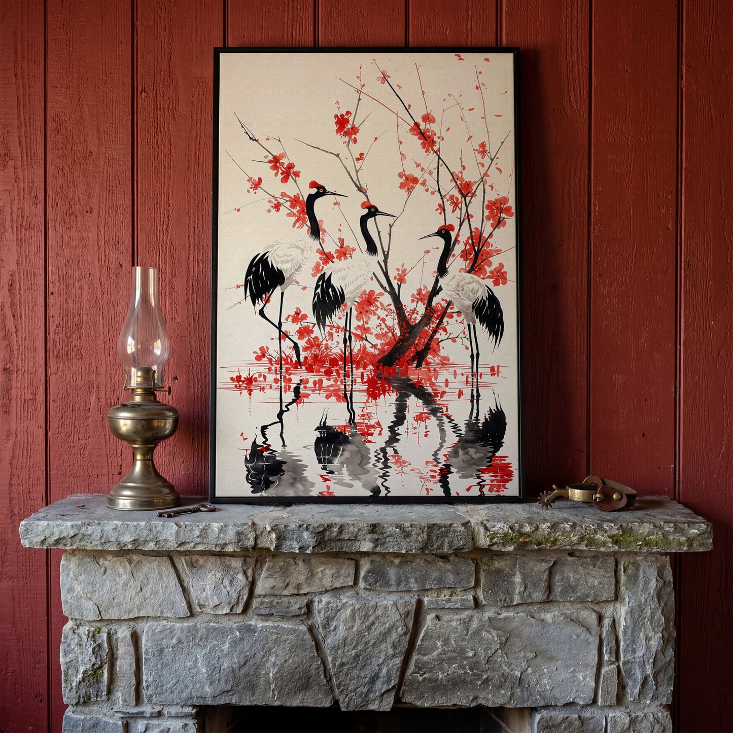 Red-Crowned Cranes with Cherry Blossoms Canvas Print in black floating frame