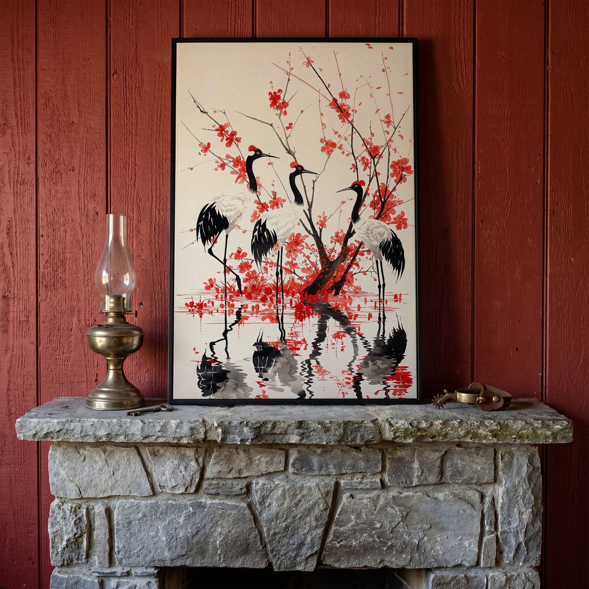 Red-Crowned Cranes with Cherry Blossoms Canvas Print in black floating frame