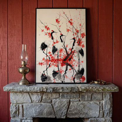 Red-Crowned Cranes with Cherry Blossoms Canvas Print in black floating frame