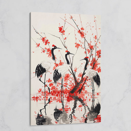 Red-Crowned Cranes with Cherry Blossoms Canvas Print on gallery wrap