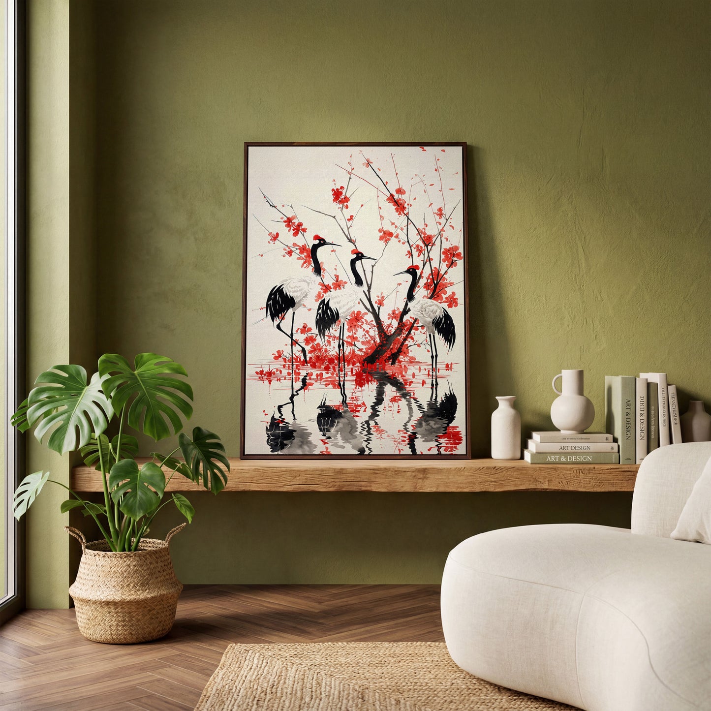Red-Crowned Cranes with Cherry Blossoms Canvas Print in dark walnut floating frame