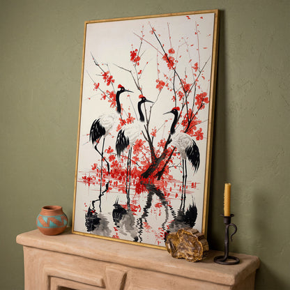 Red-Crowned Cranes with Cherry Blossoms Canvas Print in white oak floating frame