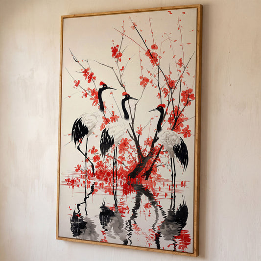 Red-Crowned Cranes with Cherry Blossoms Canvas Print shown in white oak floating frame