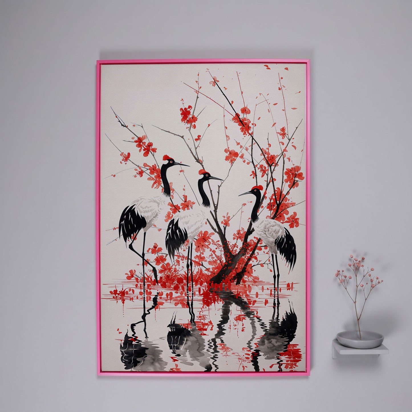 Red-Crowned Cranes with Cherry Blossoms Canvas Print in pink floating frame