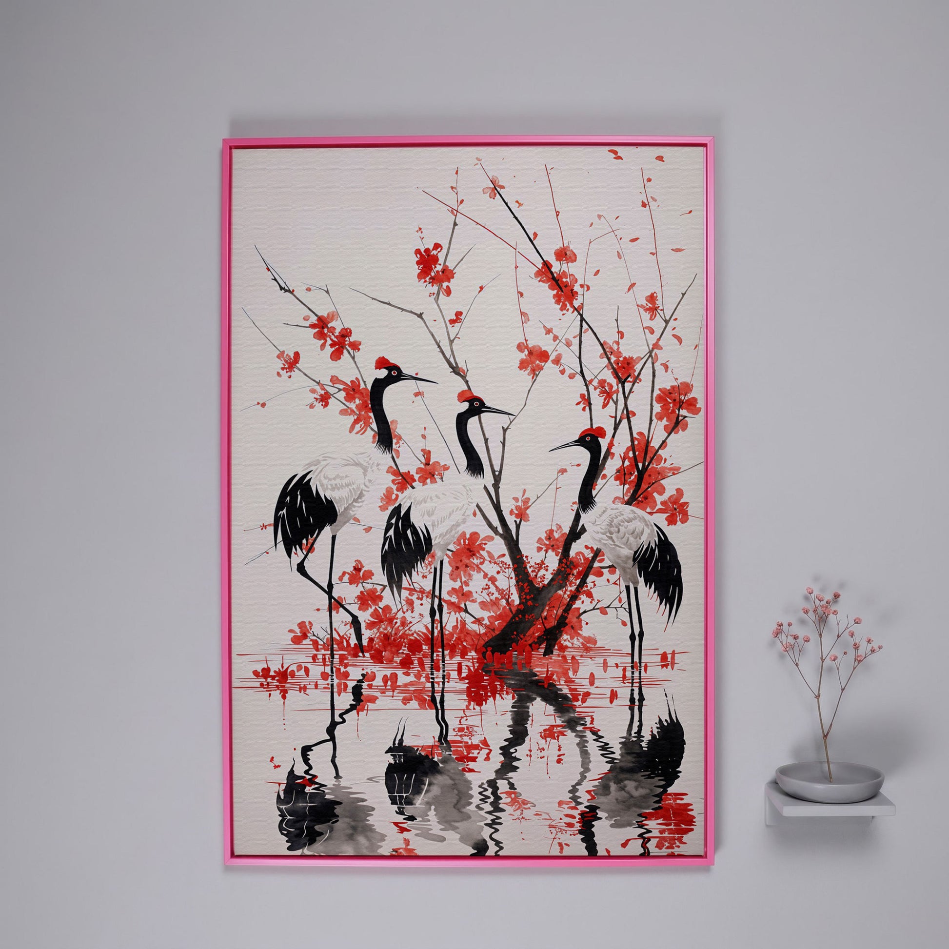 Red-Crowned Cranes with Cherry Blossoms Canvas Print in pink floating frame