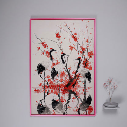Red-Crowned Cranes with Cherry Blossoms Canvas Print in pink floating frame