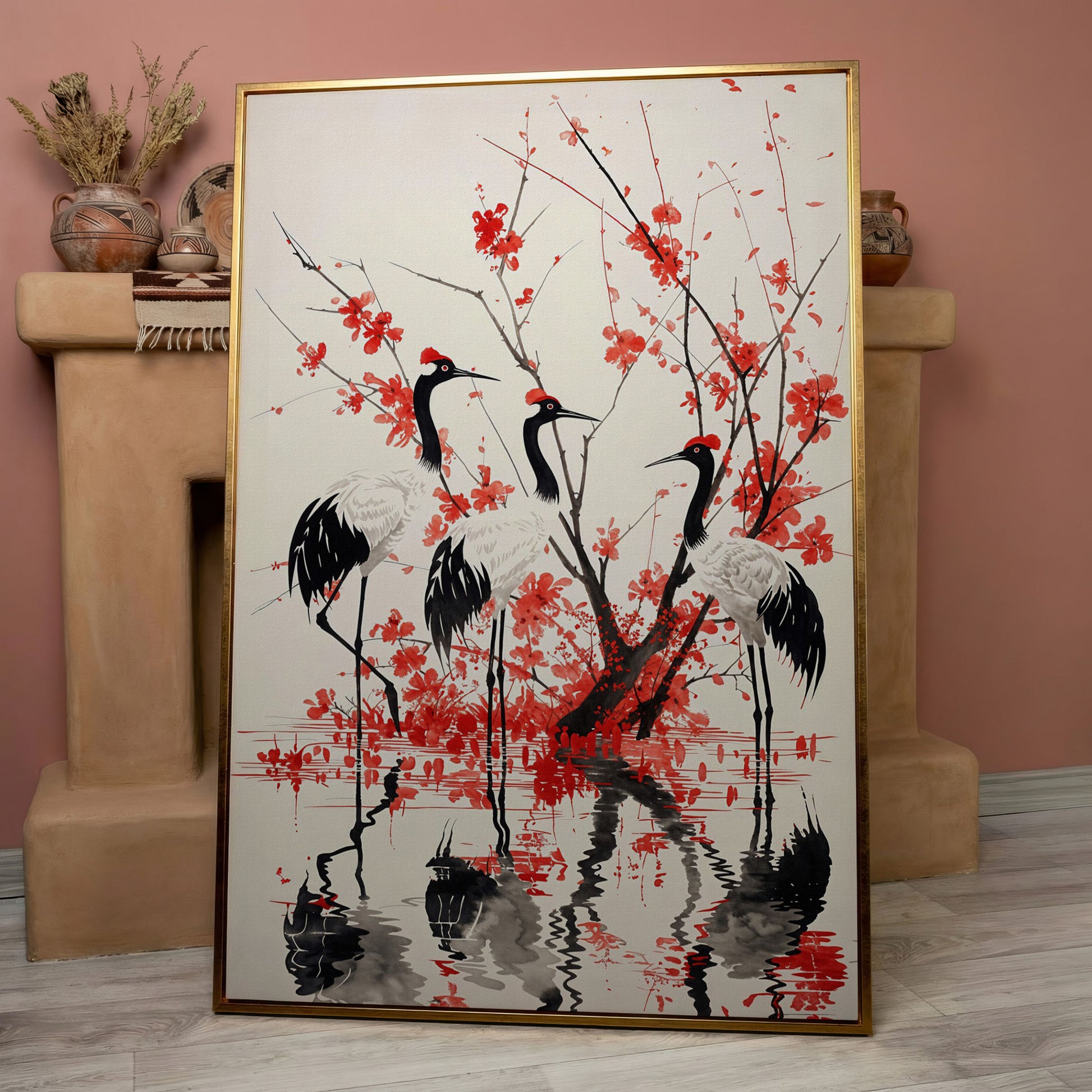 Red-Crowned Cranes with Cherry Blossoms Canvas Print in rose gold floating frame