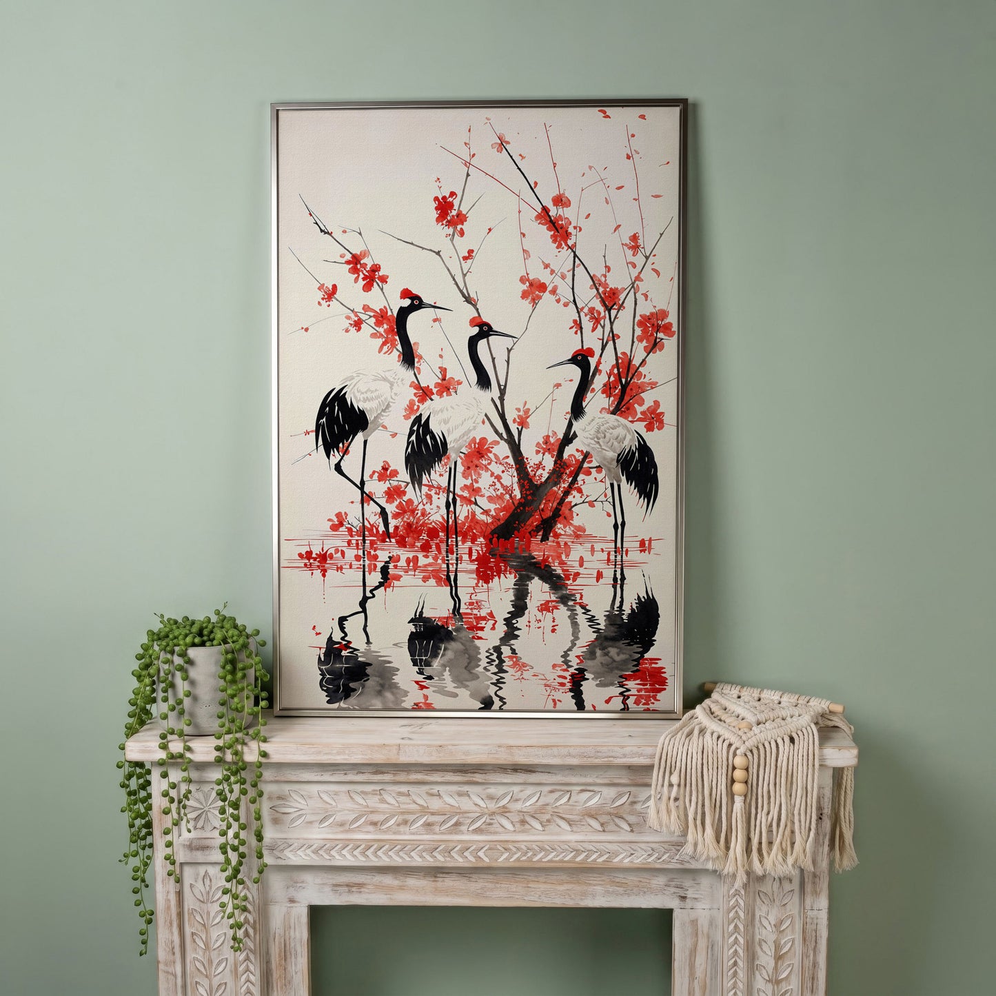 Red-Crowned Cranes with Cherry Blossoms Canvas Print in silver floating frame